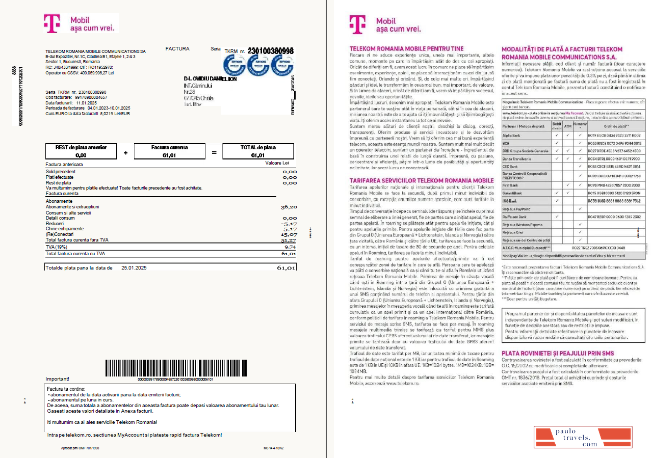 Romania T Mobile utility bill template in Word and PDF formats, 4 pages, 1 2 pages